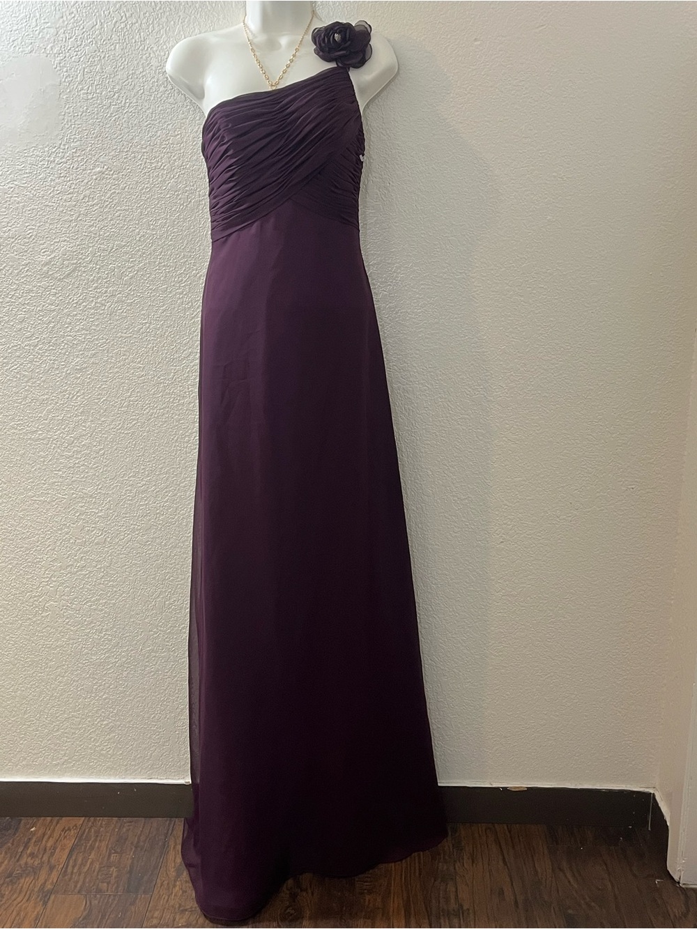 Mori Lee One-Shoulder Plum Evening Gown with Floral Shoulder Detail